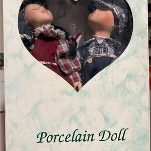 Porcelain Doll Set in Red and Blue Plaid